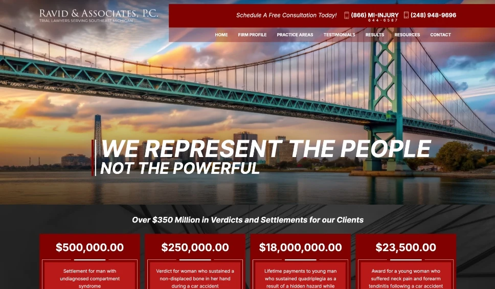Ravid & Associates, P.C. website showcasing personal injury law services, featuring a prominent bridge and city skyline, emphasizing client success with over $350 million in verdicts and settlements.